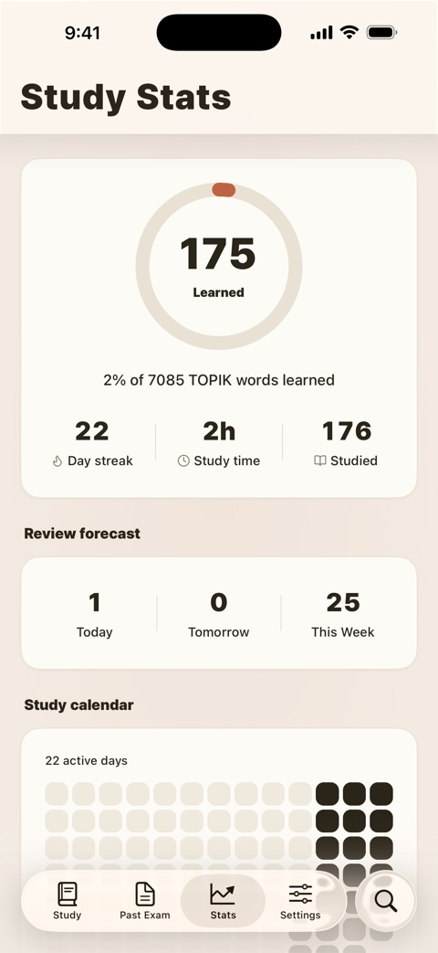 TOPIK Note study statistics screen: words mastered out of 7,002 TOPIK words, SRS review forecast