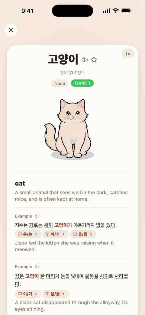 TOPIK Note word card screen in English: definition, example sentence, and illustration