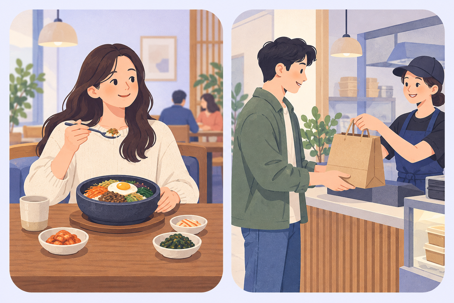 A diner eating at a restaurant on the left and a customer collecting takeaway food on the right