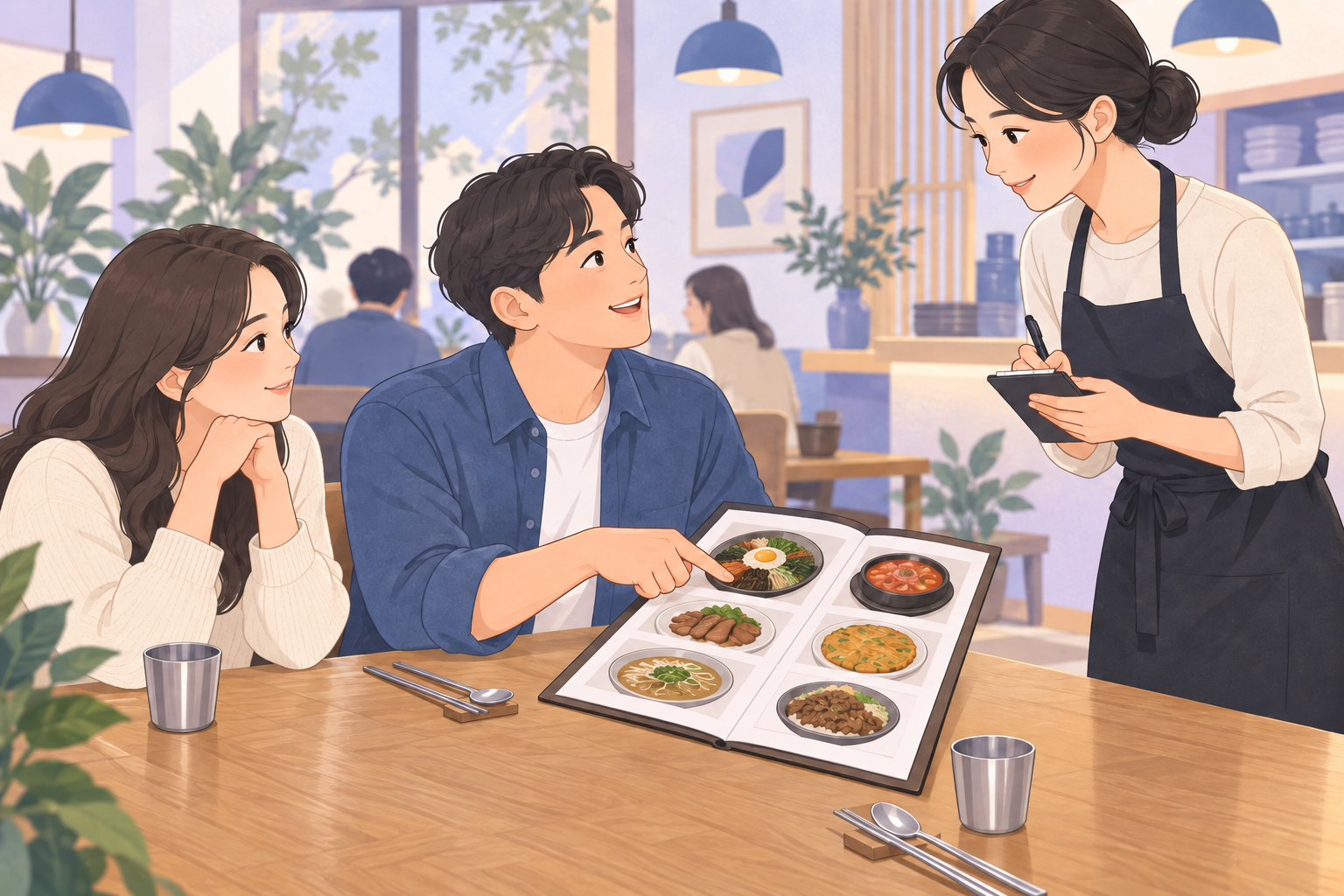 Learning illustration of a customer pointing to a dish on a menu while ordering from a staff member
