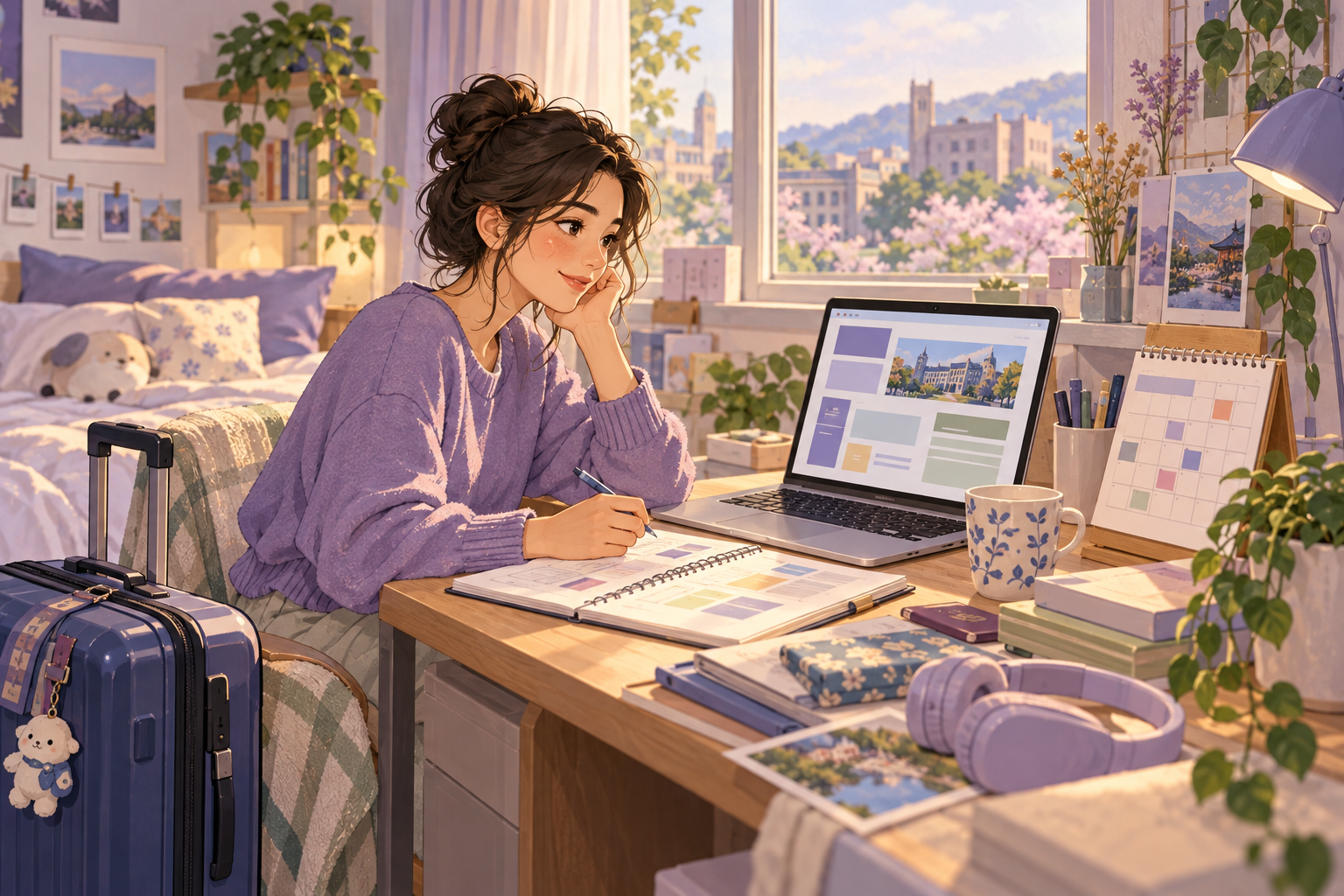 Learning illustration of a student checking university guidance on a laptop and taking notes before departure