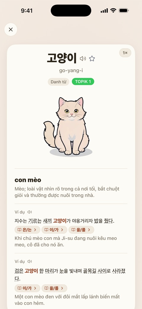 Màn hình thẻ từ TOPIK Note bằng tiếng Việt: nghĩa, câu ví dụ và hình minh họa