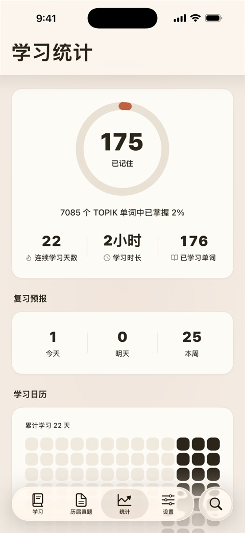 TOPIK Note学习统计界面:7,002个TOPIK单词中已掌握数量、SRS复习预报