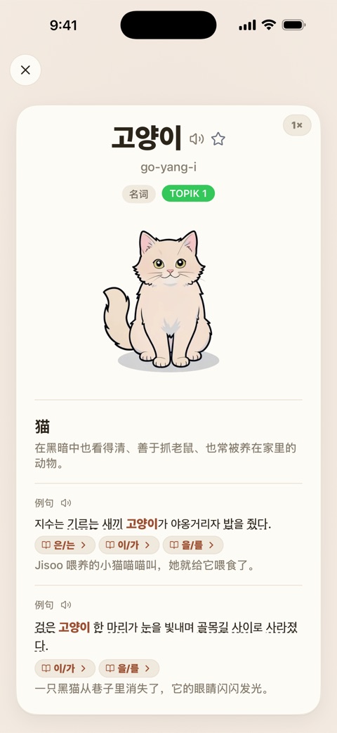 TOPIK Note中文界面的单词卡:释义、例句与插图